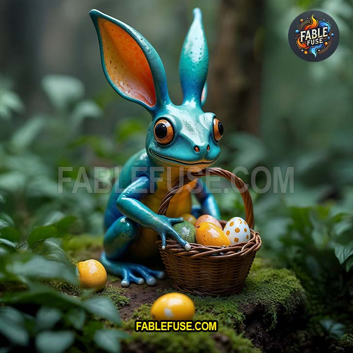 Poisonously cute and brilliantly colored the frog bunny hops among its golden speckled stash.