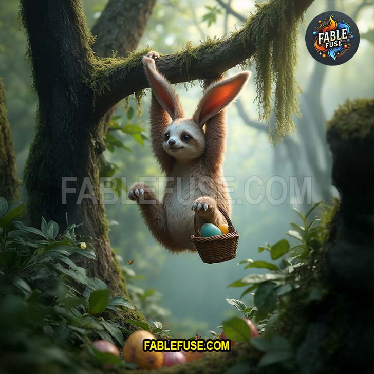 Hanging upside down with a serene grin the sloth bunny dangles its basket like a sleepy blessing.