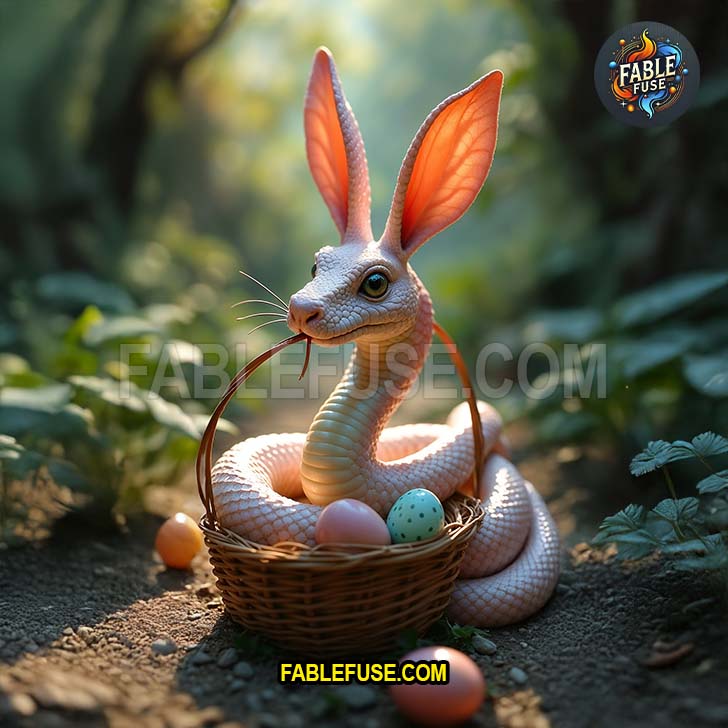 Coiled in quietude the snake bunny delicately balances a basket of eggs with reptilian elegance.