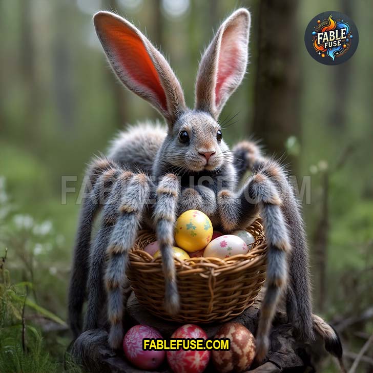 Eight fuzzy legs and a twitching nose the spider bunny guards its hoard of patterned pastel eggs.