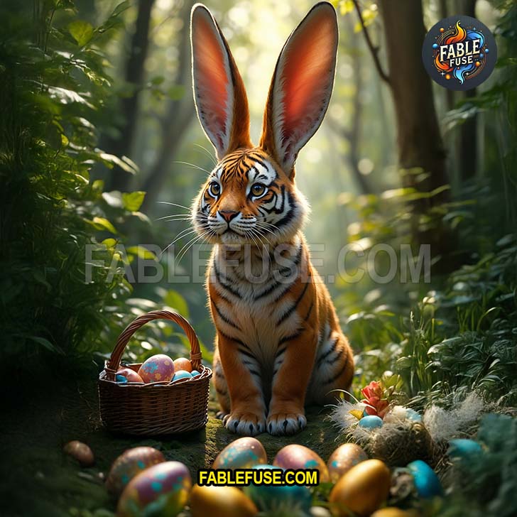 Striped majesty and poised demeanor define the tiger bunny who stands as a fierce yet friendly protector of magical eggs.