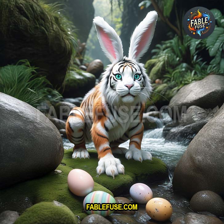 Crystal blue eyes pierce the jungle mist as the white tiger bunny prowls near a sparkling stream.