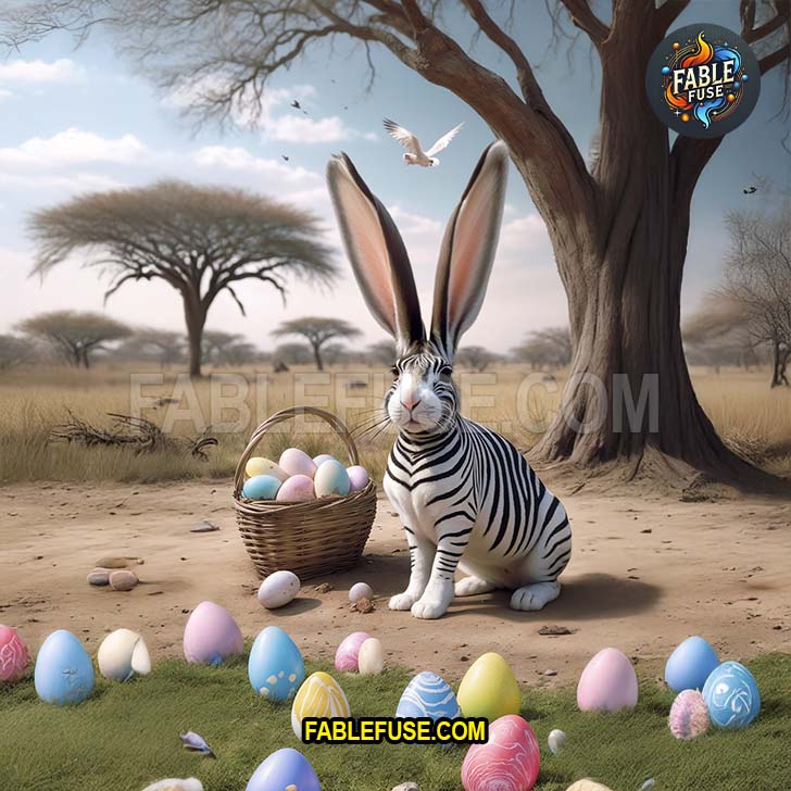 With bold stripes and an even bolder hop the zebra bunny plants its eggs under sun-split trees.