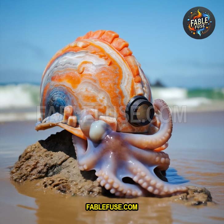 An octopus wearing an agate hardhat crawls out of the surf like it just quit its underwater job because the kelp union wouldn’t cover eight pairs of gloves.