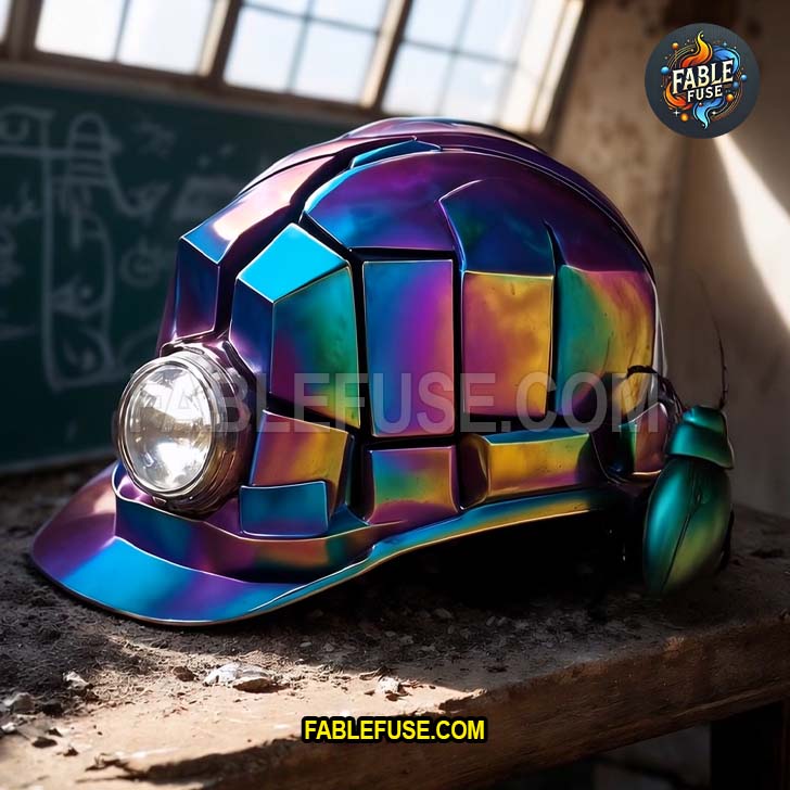 A gleaming bismuth hardhat with a rainbow finish sits under workshop light while a metallic beetle climbs it like it’s scouting luxury real estate in the insect tech district.