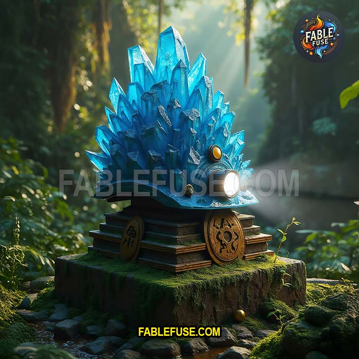 This spiky blue quartz hardhat sits on a mossy pedestal like it's waiting for the next miner-chosen-one to yank it free and fulfill a union prophecy.