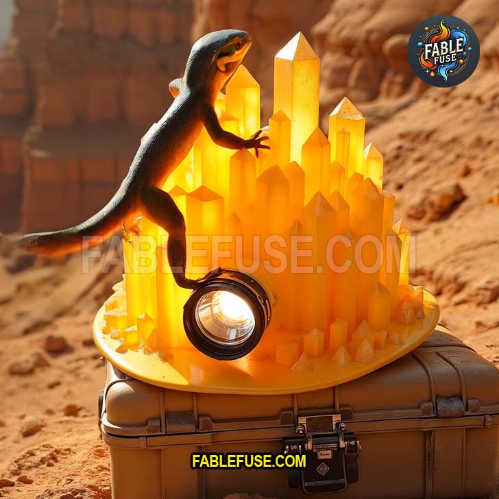 A gleaming citrine hardhat glows in the desert sun while a bold lizard scales its crystal peaks like it’s conquering Mount OSHA for reptiles.