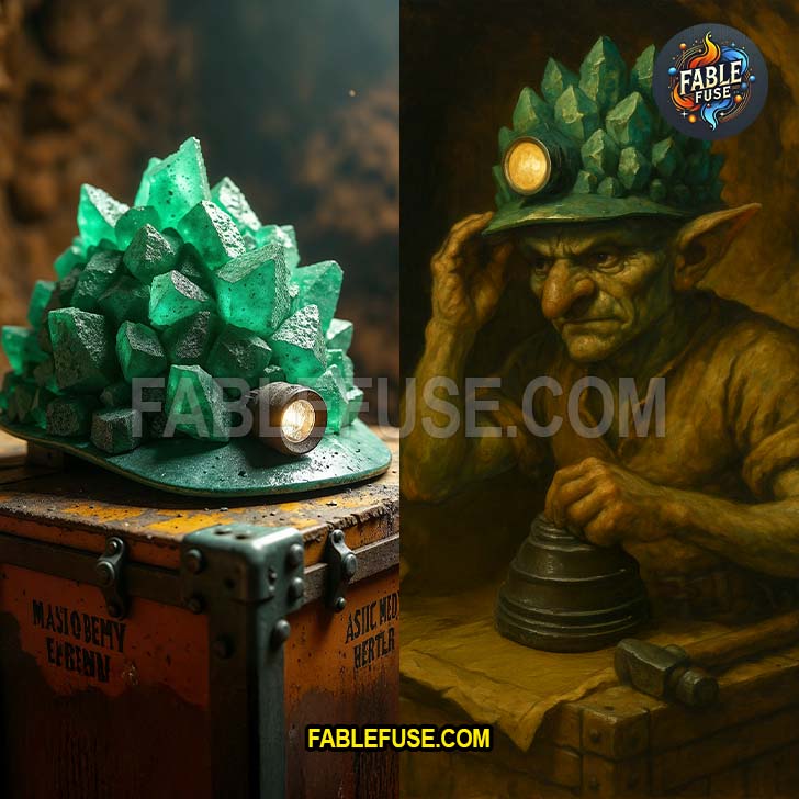 A rugged hardhat covered in raw emerald crystals sits in a mine like it’s waiting for the world’s fanciest cave goblin to clock in for a 12-hour shift.