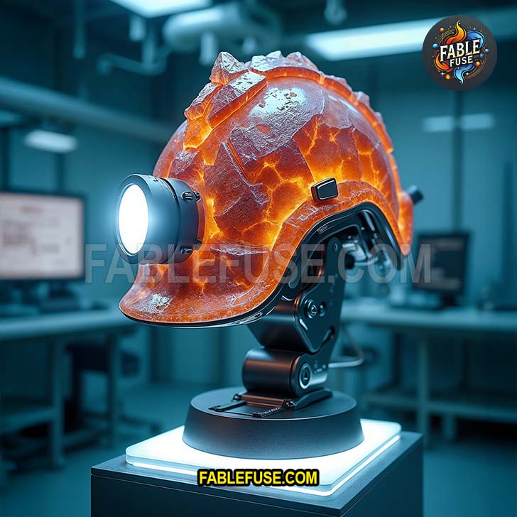 A molten crystal hardhat glows like it’s powered by caffeine and tectonic rage, mounted in a lab where science apparently said, “Let’s make PPE look like it bites back.”