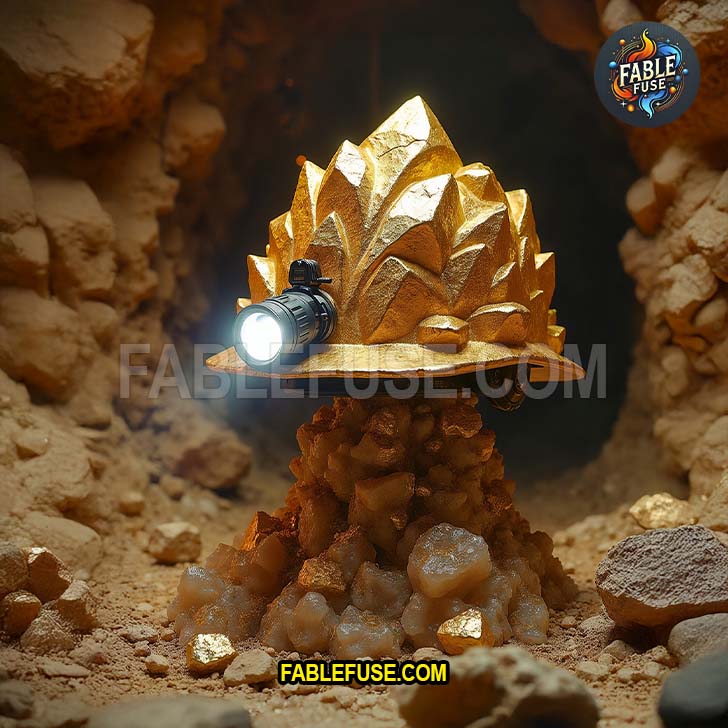 A hardhat forged entirely from jagged gold chunks sits atop a quartz pedestal bursting with so much gold it makes bank vaults feel underdressed.