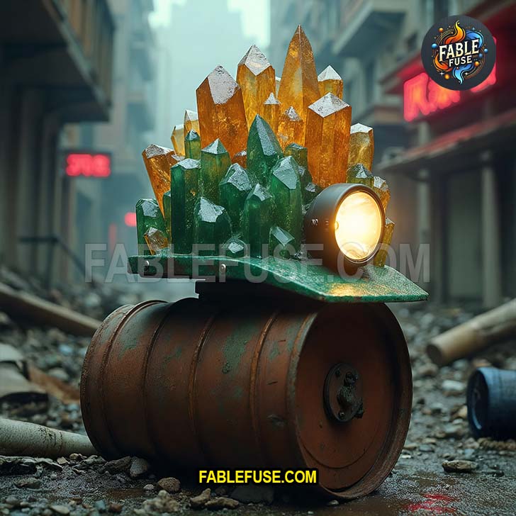A crystal-studded hardhat of green tourmaline and golden calcite rests on a rusted barrel in a wrecked street like it’s the sacred artifact of some irradiated labor union.