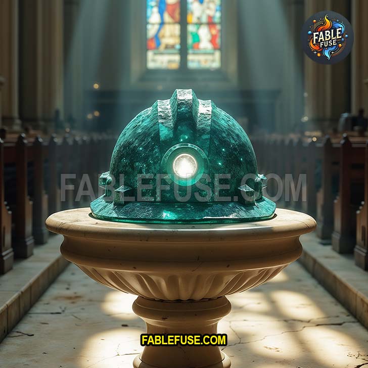 A solid malachite hardhat sits in a cathedral’s baptismal font like it’s about to be blessed by the safety gods and declared the official relic of divine excavation.