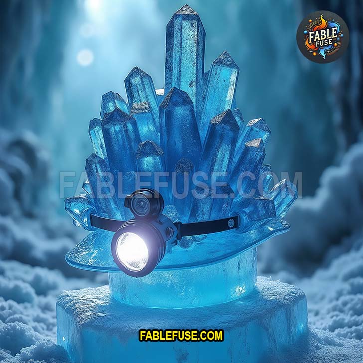 An ice-blue crystal hardhat rests in a frozen cave like it was mined straight from Elsa’s panic attack and repurposed for arctic demolition.