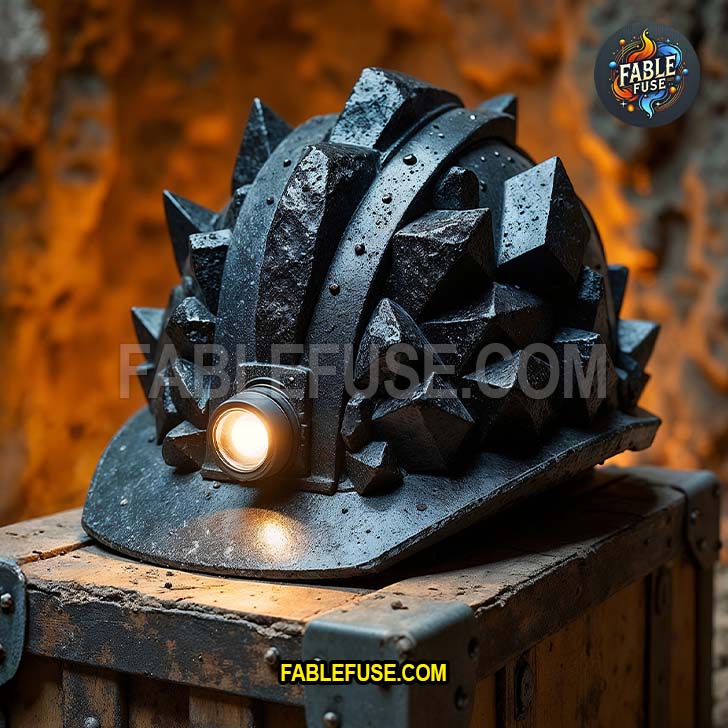 A jagged obsidian hardhat sits on a crate like it just came back from headbutting a volcano and still looks disappointed.