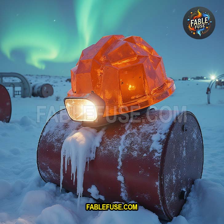 An orange crystal hardhat glows on a snow-covered barrel beneath the aurora, like it's waiting for a miner bold enough to work through frostbite and existential questions.