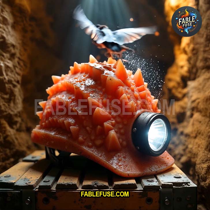 A spiky orange crystal hardhat sits in a cave while a bird showers it with dirt like it’s auditioning for a nature documentary called Miners and the Beasts That Judge Them.