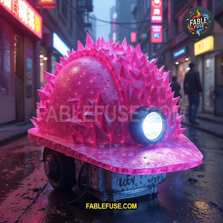 A spiked pink crystal hardhat glows on a wet city street like it rolled straight out of a synthwave fever dream and dares you to question its safety rating.