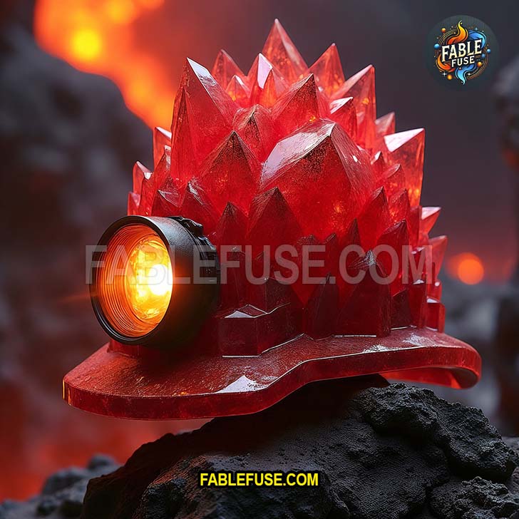 A jagged red crystal hardhat glows on volcanic stone like it just clocked out of a shift deep inside Mount Doom’s HR department.