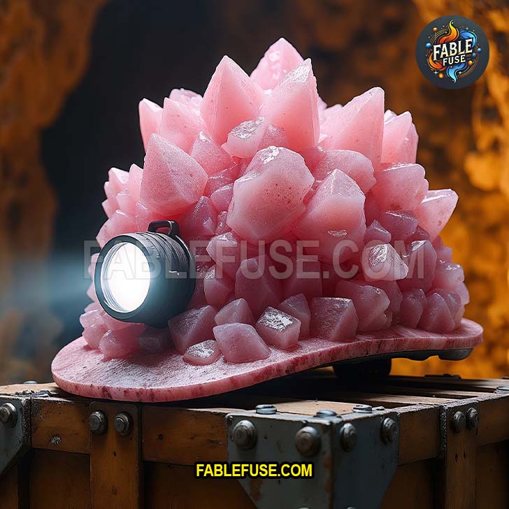 A rugged mining helmet covered in striking rose quartz crystals rests on a wooden crate inside a dimly lit cave.