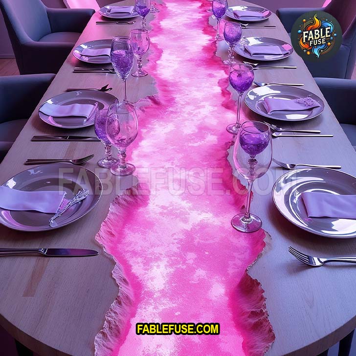 A striking dining table glows with a vivid pink river resin centerpiece, complemented by lavender glassware and soft lighting for an elegant and modern fantasy-inspired ambiance.