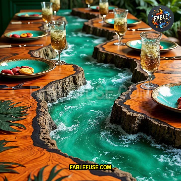 A tropical-themed dining table features a vivid emerald river resin inlay flowing between live-edge wood slabs, surrounded by lush greenery and vibrant place settings for an exotic dining experience.