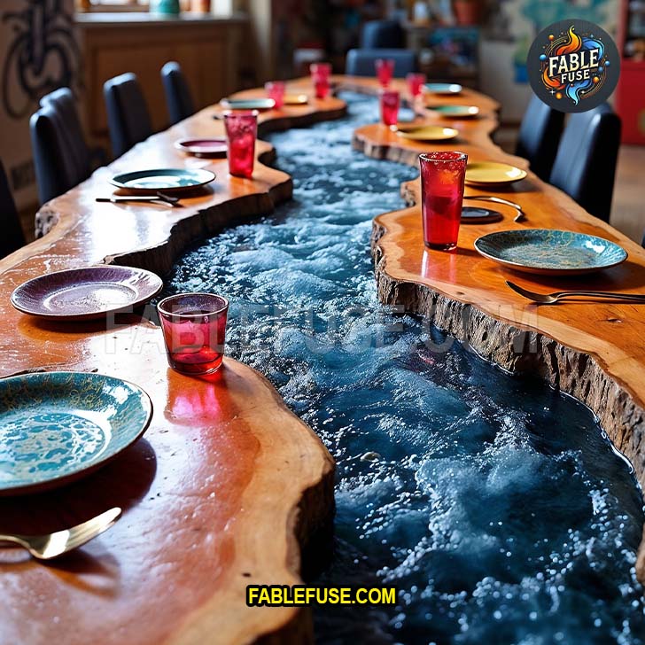 A dynamic live-edge wood dining table features a swirling deep blue resin river that mimics rushing water, accented by bold red glassware and vibrant ceramic plates for a dramatic visual feast.