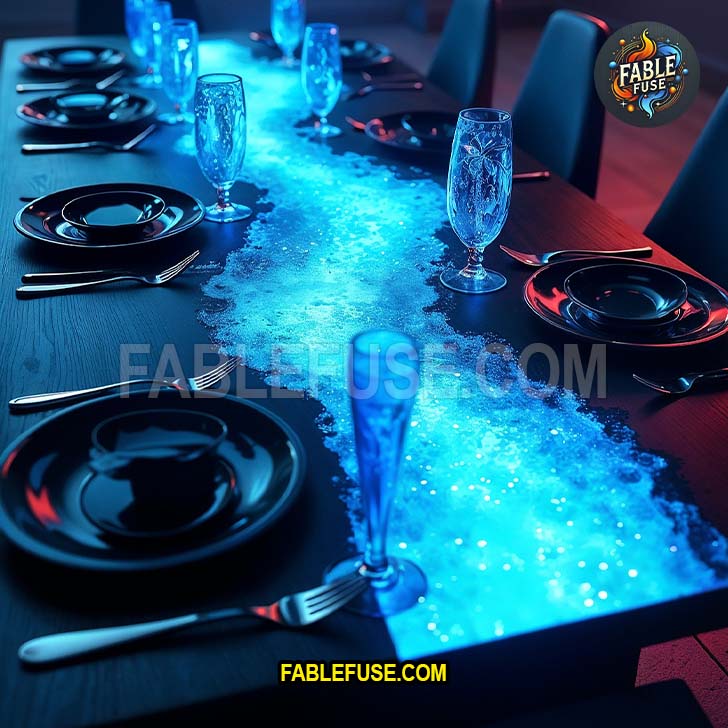A sleek black dining table glows with an electric blue resin river centerpiece, casting luminous reflections across matching glassware and creating a bold, futuristic dining atmosphere.
