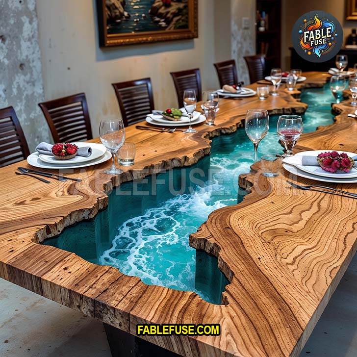 An elegant dining table made of richly grained live-edge wood features a crystal-clear aqua resin river running through its center, creating a serene and luxurious statement piece for any gathering.