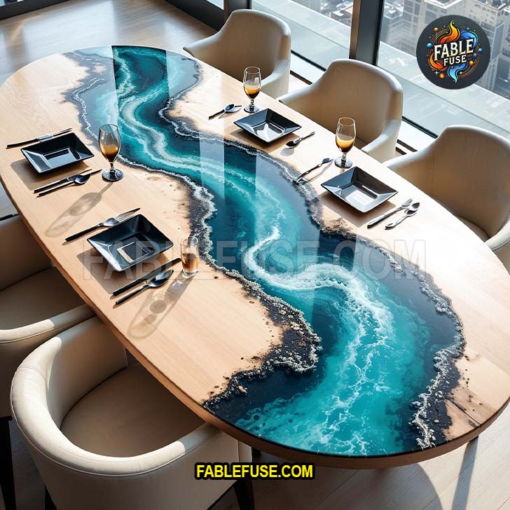 A modern oval dining table features a breathtaking ocean-inspired resin inlay that swirls through light wood like waves, blending elegance with coastal serenity high above the city skyline.