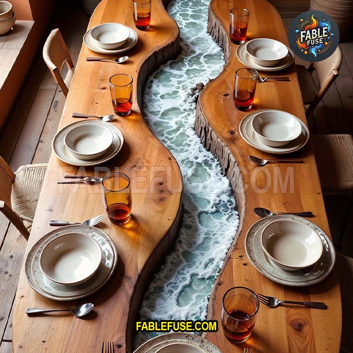 A handcrafted live-edge wood dining table features a flowing white-capped resin river, creating a stunning centerpiece that captures the energy of rushing water in a cozy, rustic setting.