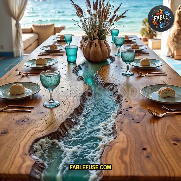 A coastal dining table with a foamy ocean-blue resin river centerpiece and breezy decor feels so seaside you half expect a seagull to swoop in and steal your dinner roll.