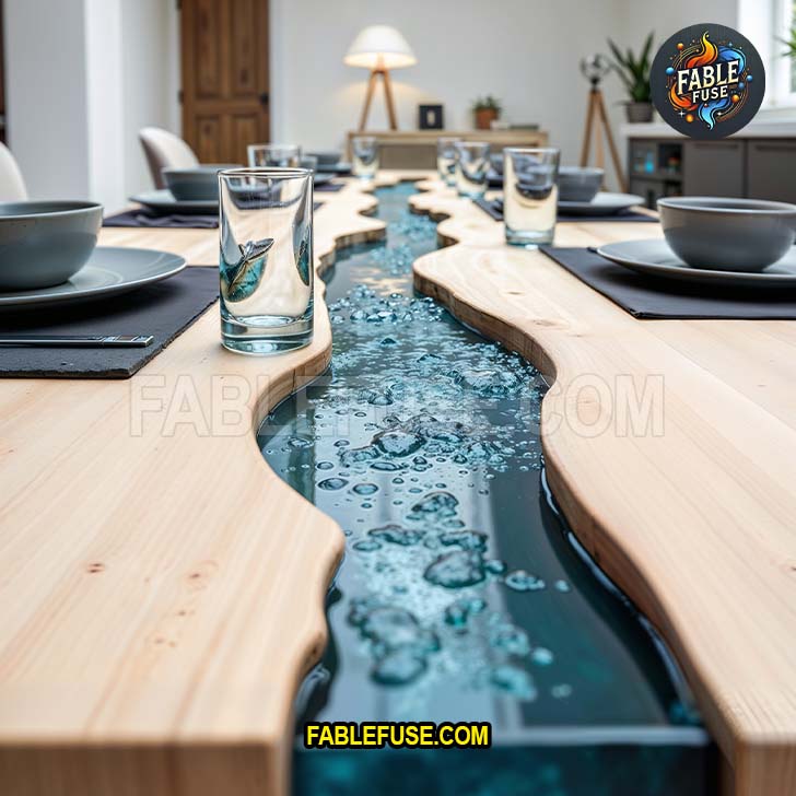 A sleek light wood dining table with a crystal-clear resin river bubbling through its center brings a refreshing, spa-like calm to a minimalist modern dining space.