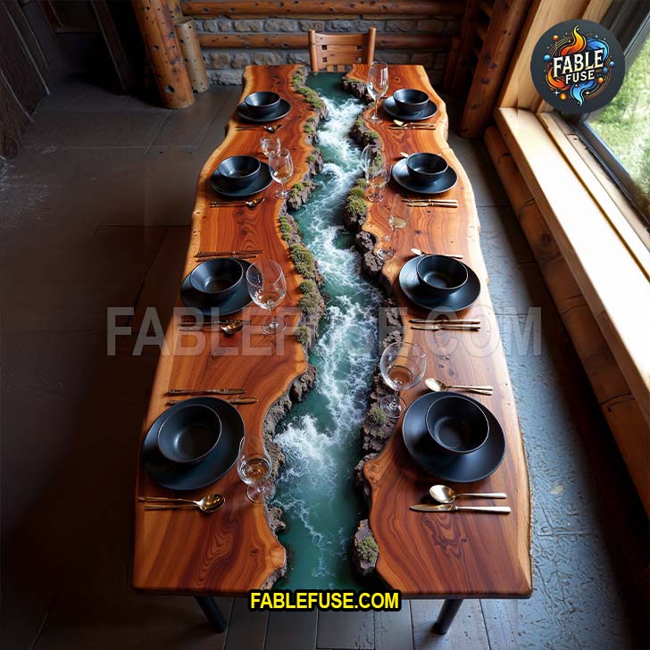 A rustic live-edge wooden dining table features a stunning river-like resin inlay flowing through its center, evoking the serene beauty of nature within a handcrafted masterpiece.