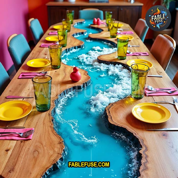 A playful dining table with a vivid turquoise river resin inlay winds between natural wood slabs, surrounded by colorful dishes and cheerful décor for a lively, artistic gathering space.