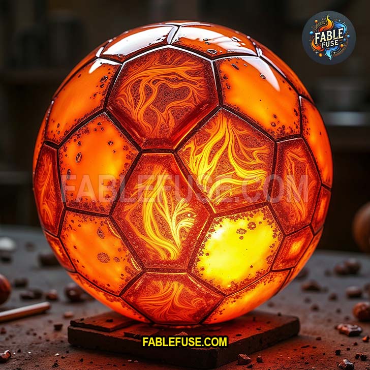 A glowing soccer ball formed from molten glass, radiating orange and red hues, resting on a scorched metal workbench in a dark glassblowing studio.