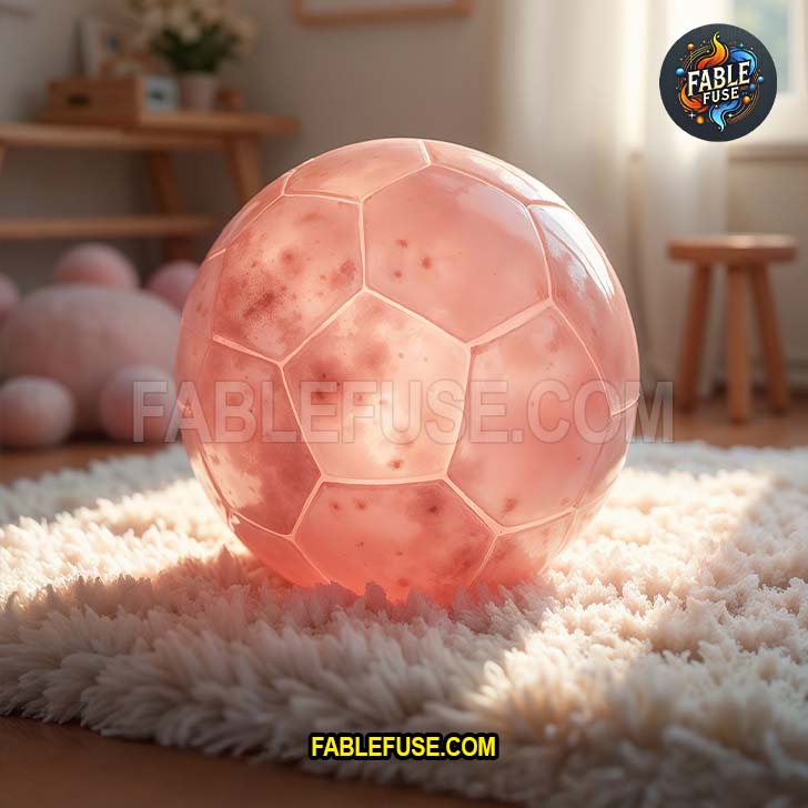 A delicate rose quartz soccer ball with cloudy pink tones, resting on a plush wool rug in a softly lit, cozy child’s bedroom.