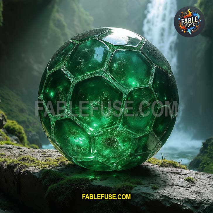 A soccer ball made of deep green emerald crystal, nestled near lush plants with a waterfall cascading behind in a hidden cave setting.