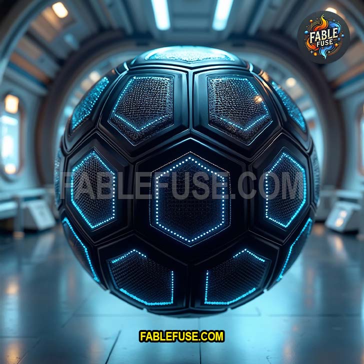 A sleek black nanocarbon soccer ball with glowing blue veins, floating in midair inside a zero-G training chamber on a space station.
