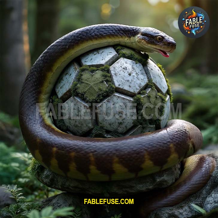 A weathered stone soccer ball with moss and vines growing between the seams, perched on a forest shrine pedestal beneath dappled sunlight.