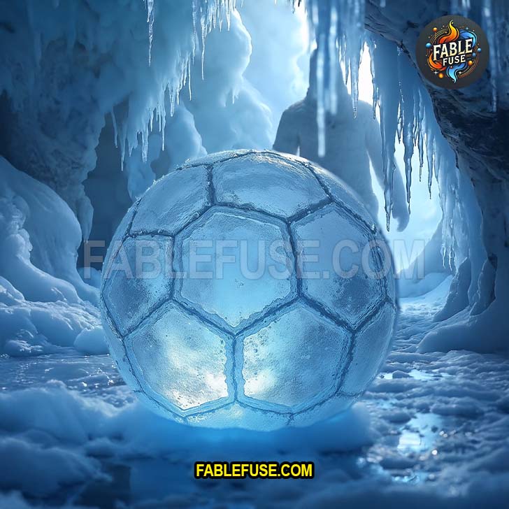 A fractured glacier-ice soccer ball lying in a frozen cave, with an abominable snowman emerging ominously in the background.