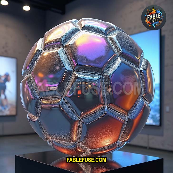 A metallic soccer ball made from interlocking bismuth crystal steps, iridescent with rainbow hues, floating in a futuristic gallery space.