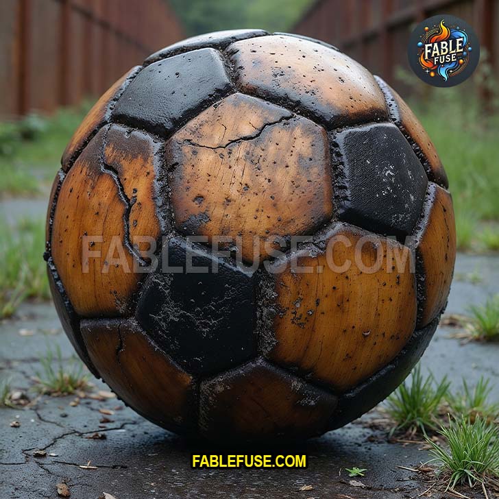A charred and cracked wooden soccer ball dusted in ash, abandoned in a grassy, overgrown urban lot.