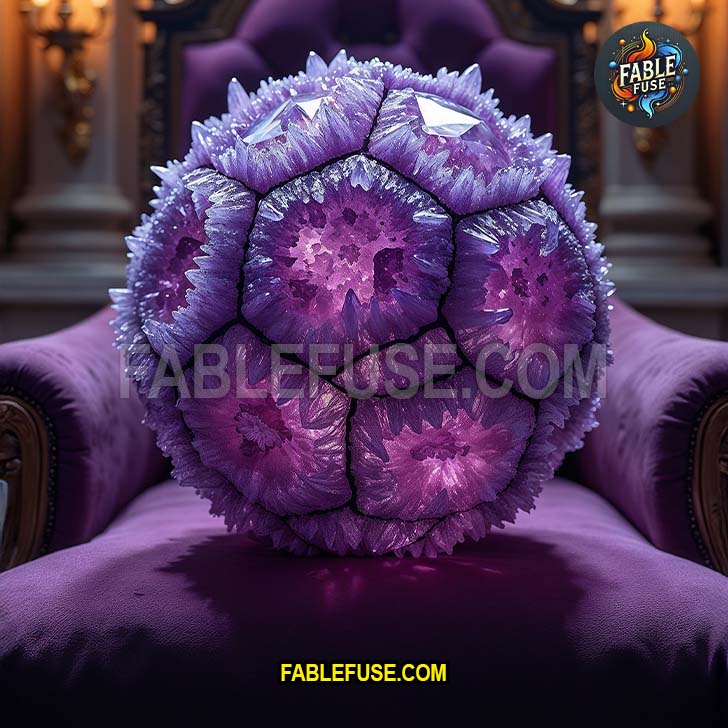 A jagged soccer ball formed from raw amethyst, shimmering with purple crystals, displayed on a velvet throne in a gothic interior.